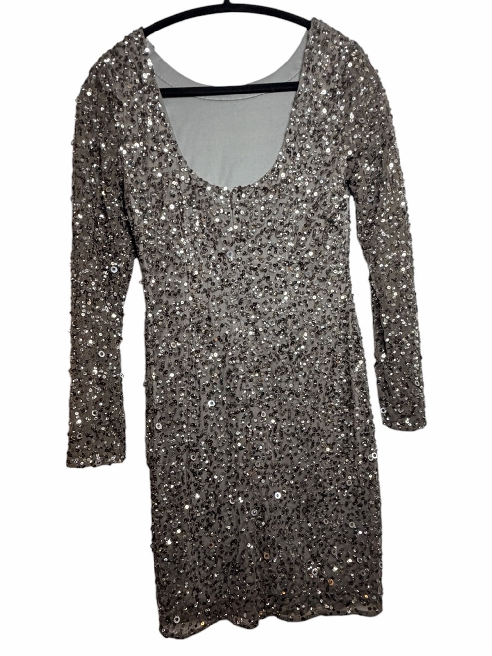 Adrianna Papell Gunmetal Beaded Cocktail Dress Open Back Long Sleeve Size 4 - Picture 4 of 5